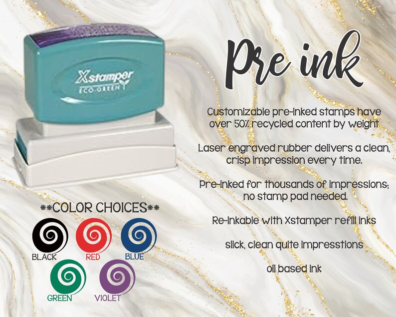 May include: A blue pre-inked stamp with the text "Xstamper ECO GREEN" on it. The stamp is on a white base. The image also shows a colour chart with five different ink colours: black, red, blue, green, and violet.