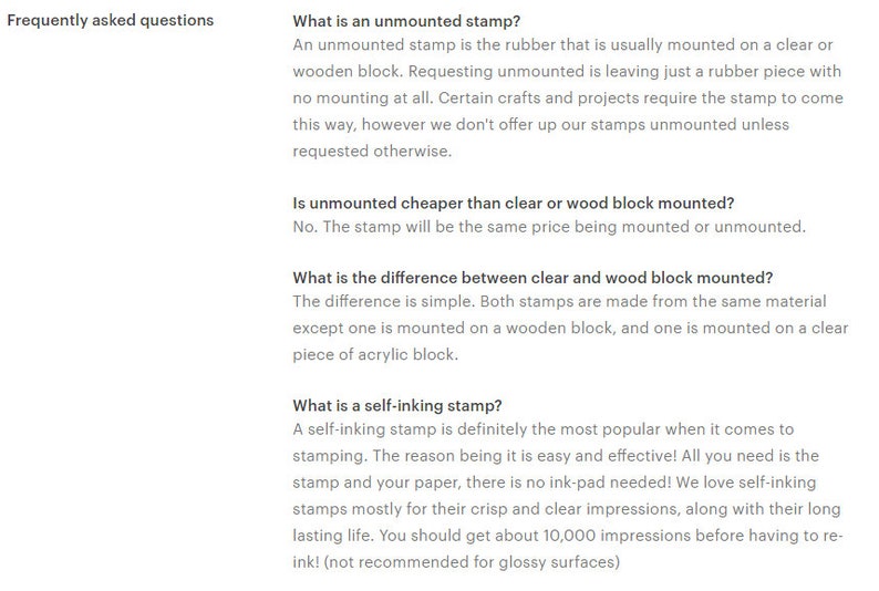 May include: Frequently asked questions about unmounted, clear block mounted, wood block mounted, and self-inking stamps. The text explains the difference between the types of stamps and how they are used.