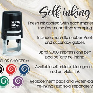 May include: Self-inking stamp with a black, red, blue, green, and violet ink option. The stamp has a 2000 PLUS printer R 40 label. It features non-slip rubber feet and accuracy guides. Up to 5,000 impressions per pad before re-inking.