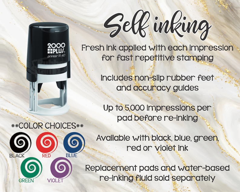 May include: Self-inking stamp with a black, red, blue, green, and violet ink option. The stamp has a 2000 PLUS printer R 40 label. It features non-slip rubber feet and accuracy guides. Up to 5,000 impressions per pad before re-inking.