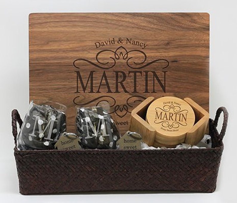 Housewarming Gift Etched Walnut Cutting Board Closing Gift --23505-RSB3-002 Personalized Engraved Gift Basket Customized Coasters