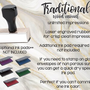 May include: A traditional wood mounted rubber stamp with a white surface for custom engraving. The stamp is laser engraved for crisp clean impressions. The text "optional ink pads** NOT INCLUDED" is displayed below the stamp. Five ink pads in different colours are shown below the text.