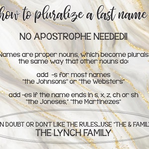 May include: A white and gold marble background with black text explaining how to pluralise last names. The text says "how to pluralise a last name" and "NO APOSTROPHE NEEDED!!". The text also explains that names are proper nouns and how to pluralise them. The text ends with "IF IN DOUBT OR DON'T LIKE THE RULES...USE "THE & FAMILY" THE LYNCH FAMILY"
