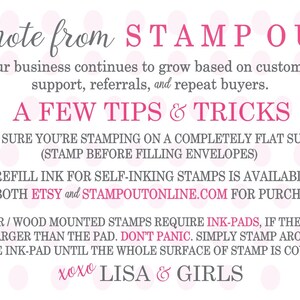 May include: A pink and white polka dot background with a note from STAMP OUT. The note includes tips and tricks for using stamps, including information about refilling ink and using ink pads.