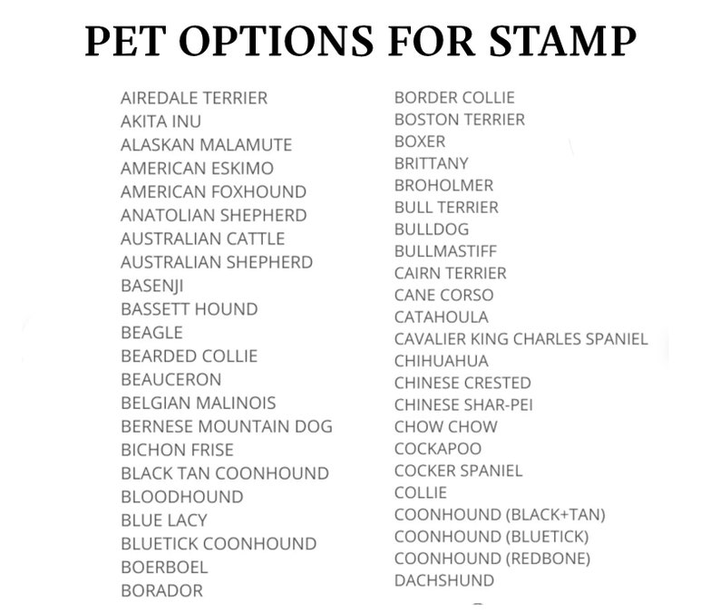 May include: A list of dog breeds, including Airedale Terrier, Akita Inu, Alaskan Malamute, American Eskimo, American Foxhound, Anatolian Shepherd, Australian Cattle, Australian Shepherd, Basenji, Basset Hound, Beagle, Bearded Collie, Beauceron, Belgian Malinois, Bernese Mountain Dog, Bichon Frise, Black Tan Coonhound, Bloodhound, Blue Lacy, Bluetick Coonhound, Boerboel, Borador, Border Collie, Boston Terrier, Boxer, Brittany, Broholmer, Bull Terrier, Bulldog, Bullmastiff, Cairn Terrier, Cane Corso, Catahoula, Cavalier King Charles Spaniel, Chihuahua, Chinese Crested, Chinese Shar-Pei, Chow Chow, Cockapoo, Cocker Spaniel, Collie, Coonhound (Black+Tan), Coonhound (Bluetick), Coonhound (Redbone), Dachshund.