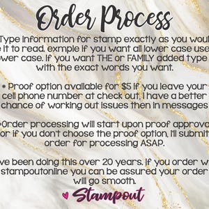 May include: A decorative background with the words "Order Process" in a handwritten font. The text provides instructions for ordering stamps, including proof options and processing details. The bottom of the image includes the word "Stampout".