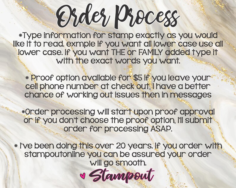 May include: A decorative background with the words "Order Process" in a handwritten font. The text provides instructions for ordering stamps, including proof options and processing details. The bottom of the image includes the word "Stampout".