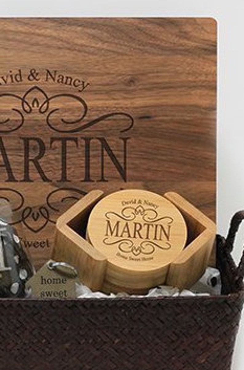 Housewarming Gift Etched Walnut Cutting Board Closing Gift --23505-RSB3-002 Personalized Engraved Gift Basket Customized Coasters