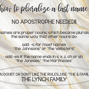 May include: A white and gold marble background with black text explaining how to pluralise last names. The text says "how to pluralise a last name" and "NO APOSTROPHE NEEDED!!". The text also explains that names are proper nouns and how to pluralise them. The text ends with "IF IN DOUBT OR DON'T LIKE THE RULES...USE "THE & FAMILY" THE LYNCH FAMILY"