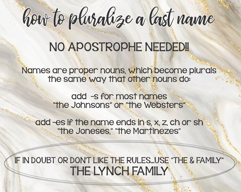 May include: A white and gold marble background with black text explaining how to pluralise last names. The text says "how to pluralise a last name" and "NO APOSTROPHE NEEDED!!". The text also explains that names are proper nouns and how to pluralise them. The text ends with "IF IN DOUBT OR DON'T LIKE THE RULES...USE "THE & FAMILY" THE LYNCH FAMILY"