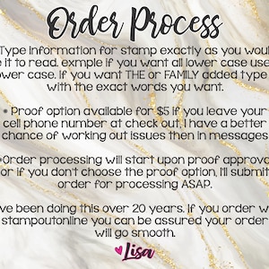 May include: A white background with gold glitter and black text outlining the order process for custom stamps. The text includes information about typing the stamp exactly as you want it to read, a proof option for &pound;5, and order processing details. The text ends with "Lisa" in pink.
