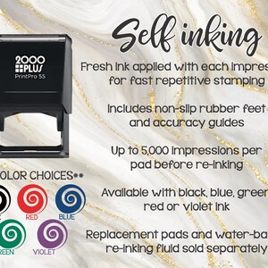 May include: Self-inking stamp with "2000 PLUS PrintPro 55" text on the top. The stamp is black and has a clear ink pad. The image shows colour choices for the ink pad: black, red, blue, green, and violet.