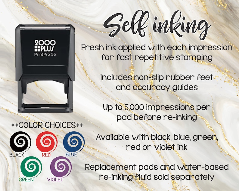 May include: Self-inking stamp with "2000 PLUS PrintPro 55" text on the top. The stamp is black and has a clear ink pad. The image shows colour choices for the ink pad: black, red, blue, green, and violet.