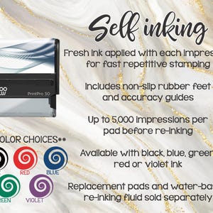 May include: A self-inking stamp with the text "Self inking". The stamp is black and gray, with the text "2000 PLUS PrintPro 50". The image also shows color choices for the ink: black, red, blue, green, and violet.