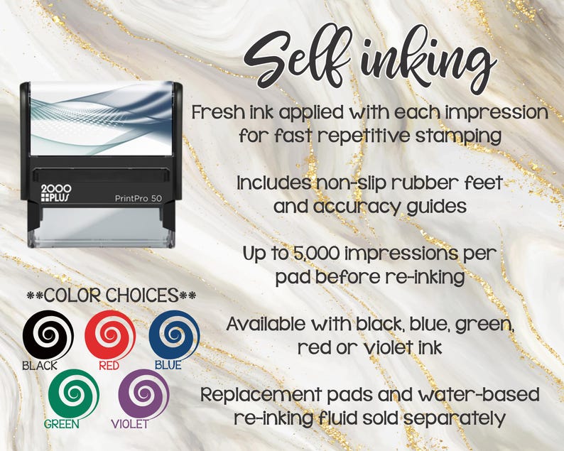 May include: A self-inking stamp with the text "Self inking". The stamp is black and gray, with the text "2000 PLUS PrintPro 50". The image also shows color choices for the ink: black, red, blue, green, and violet.
