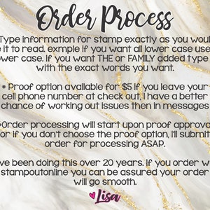 May include: A white background with gold glitter and black text outlining the order process for custom stamps. The text includes information about typing the stamp exactly as you want it to read, a proof option for &pound;5, and order processing details. The text ends with "Lisa" in pink.