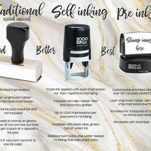 May include: Three self-inking stamps with different features. The first stamp is a traditional wood mount with unlimited impressions. The second stamp is a self-inking stamp with a black and white design and the text "2000 PLUS/printer R40". The third stamp is a pre-inked stamp with a black and white design and the text "2000 HD PLU/R40".