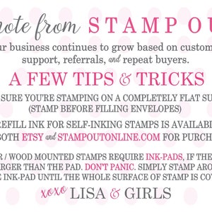 May include: A pink and white polka dot background with a note from STAMP OUT. The note includes tips and tricks for using stamps, including information about refilling ink and using ink pads.