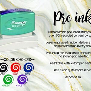 May include: A teal and white pre-inked stamp with the text "Xstamper Eco Green." The image includes color choices: black, red, blue, green, and violet. The text reads "Pre ink" and describes the stamp's features.