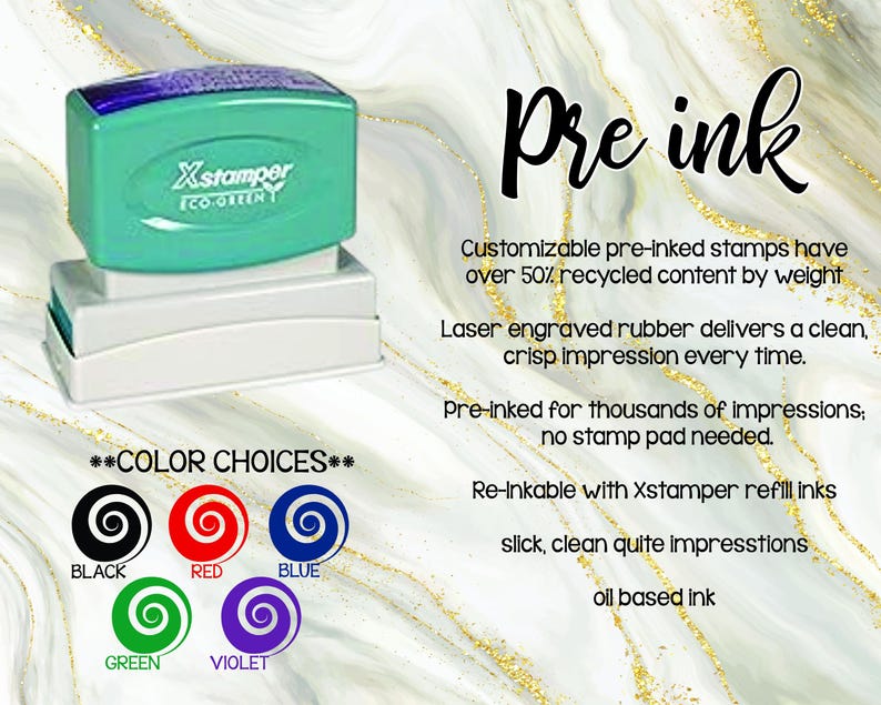 May include: A teal and white pre-inked stamp with the text "Xstamper Eco Green." The image includes color choices: black, red, blue, green, and violet. The text reads "Pre ink" and describes the stamp's features.