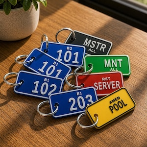 May include: A collection of rectangular plastic key tags in blue, black, green, red, and yellow, each featuring a metal split ring. The tags display white or black embossed text including MSTR ALL, MNT ALL, RST SERVER, AMEN POOL, and room numbers 101, 102, and 203 with B1 or B2 labels.