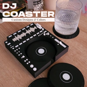 DJ Coaster Set – 4 Custom Vinyl-Inspired Drink Coasters in DJ Controller Tray