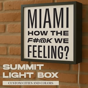 May include: A black-framed light box with the text "MIAMI HOW THE F#@K WE FEELING?" in bold black letters on a white background. The light box is mounted on a brick wall. The text "SUMMIT LIGHT BOX CUSTOM CITIES AND COLORS" is below the light box.