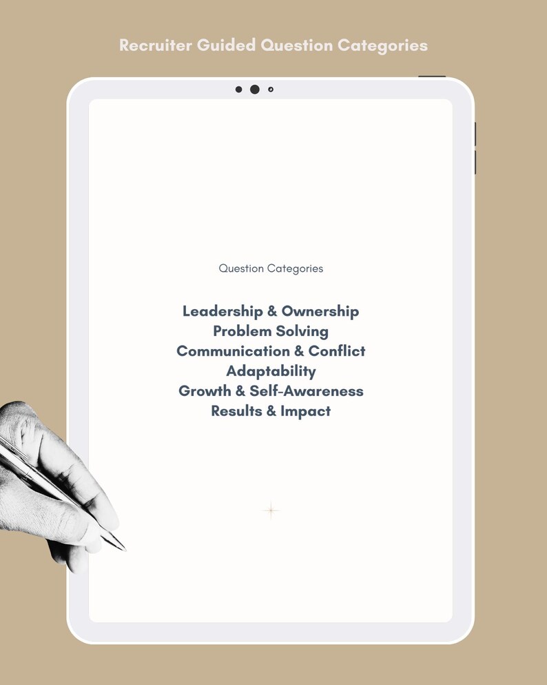 Peut inclure: Une tablette blanche affiche le texte "Recruiter Guided Question Categories" et "Question Categories". Une liste comprend "Leadership & Ownership", "Problem Solving", etc. Une main tient un stylet, pr&ecirc;te &agrave; &eacute;crire sur l'&eacute;cran.