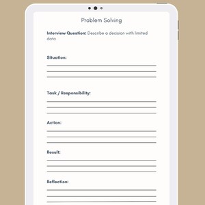 Peut inclure: Une tablette num&eacute;rique affiche un mod&egrave;le de question d'entretien structur&eacute;. L'&eacute;cran pr&eacute;sente des invites pour Situation, T&acirc;che, Action, R&eacute;sultat et R&eacute;flexion, sous le titre "R&eacute;solution de probl&egrave;mes". Le texte en haut indique "Pratiquez de vraies questions d'entretien avec des conseils structur&eacute;s."