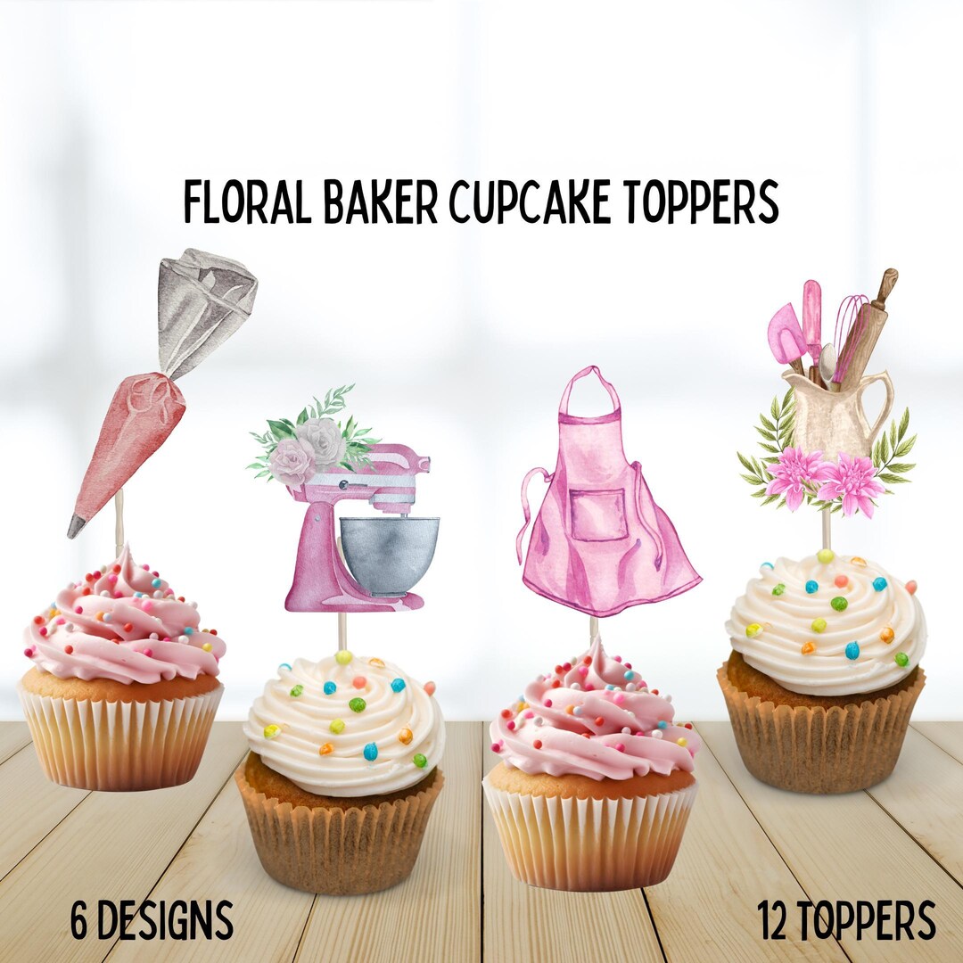 Floral Baker Cupcake Toppers, Baking, Chef, Pink, Spatula, Girl, Apron ...