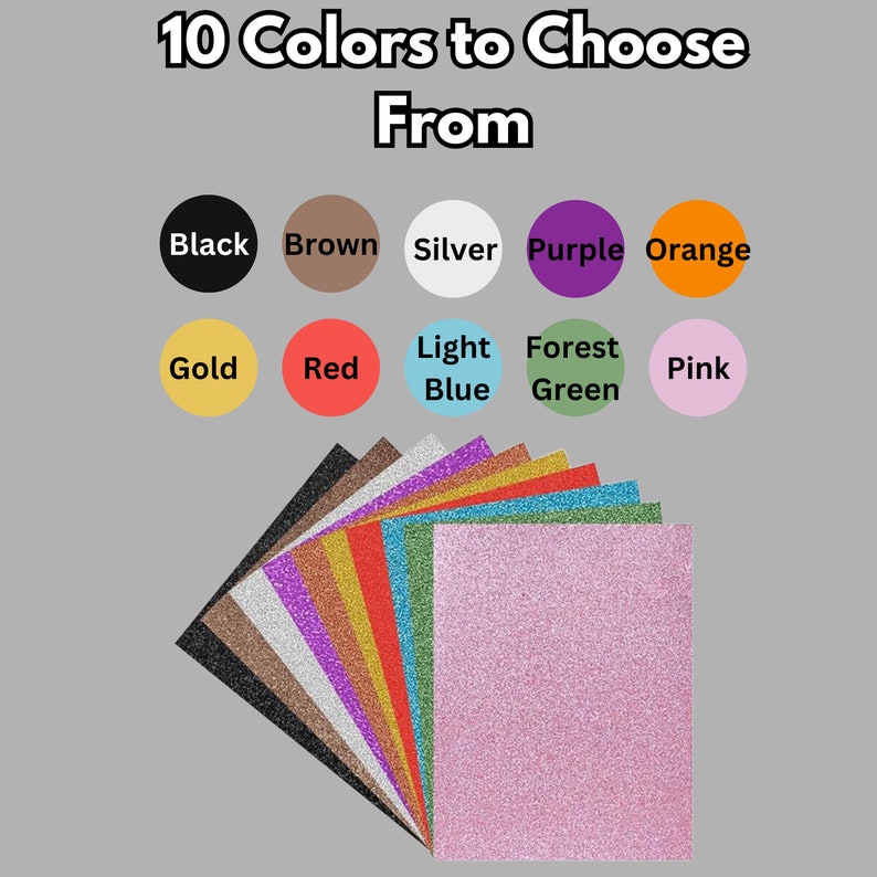 Pu&ograve; includere: Dieci opzioni di colore per carta glitter. I colori sono nero, marrone, argento, viola, arancione, oro, rosso, blu chiaro, verde bosco e rosa.