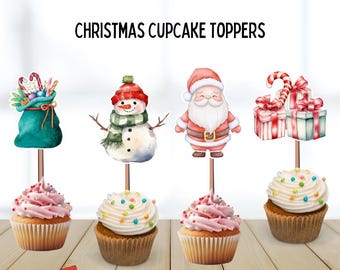 Christmas Cupcake Toppers, santa claus, reindeer, christmas party theme decor, papa noel, snowman, christmas tree, candy cane, gingerbread.