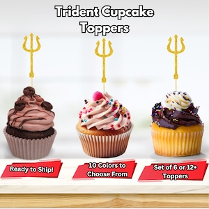 May include: Gold glitter trident cupcake toppers.  The toppers are on toothpicks and are ready to ship.  Choose from 10 colors.  Set of 6 or 12+ toppers.