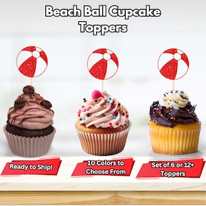 Beach Ball Cupcake Toppers, Tropical Beach Ball Cupcake Toppers, Summer Beach Ball Cupcake Picks, Beach Party Cupcake Toppers