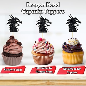 Dragon Head Cupcake Toppers, Fantasy Theme Party Decor, Medieval Birthday Decor, Dragon Party Decorations, Fantasy Party Decorations