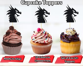 May include: Three cupcakes decorated with black glitter dragon head cupcake toppers. The text "Dragon Head Cupcake Toppers" is at the top of the image. The text "Ready to Ship!" is below the left cupcake. The text "10 Colors to Choose From" is below the middle cupcake. The text "Set of 6 or 12+ Toppers" is below the right cupcake.