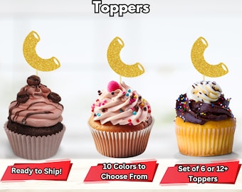Macaroni-cupcaketoppers, cupcake-toppers met pastathema, mac en kaas-feestprikkers, macaroni en kaasdecor, mac en kaas verjaardag