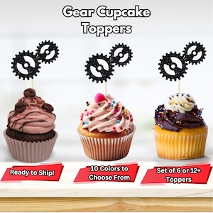 May include: Set of black glitter gear cupcake toppers. The toppers are on toothpicks and are ready to be placed on cupcakes. The text on the image reads "Gear Cupcake Toppers", "Ready to Ship!" , "10 Colors to Choose From", and "Set of 6 or 12+ Toppers".