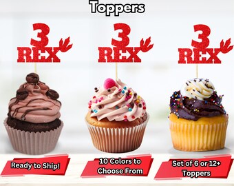 3 décorations pour cupcakes Rex, décoration de fête trois Rex, 3e anniversaire de dinosaure, décorations de fête de dinosaure, décorations pour cupcake T-Rex
