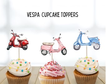 Vespa Cupcake Toppers, italian scooter toppers, vespa baby theme, holy cannoli party, pink scooter vespa, italy, italian birthday, baby