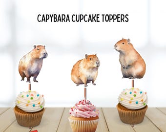 Dekoracje na babeczki z kapibarą, motyw zwierząt futerkowych, urodziny kapibary, baby shower, zwierzęta Ameryki Południowej, motyw gryzoni, rodzina kapibar