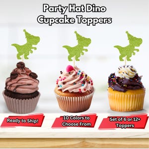 Party Hat Dino Cupcake Toppers, Two Rex Party Decor, Party Dinosaur Cupcake Toppers, Dinosaur Baby Shower Party Decor