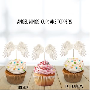 Pode incluir: Cupcakes com toppers de asas de anjo. Os cupcakes têm cobertura branca e rosa com granulado colorido. O texto "ANGEL WINGS CUPCAKE TOPPERS" está na parte superior da imagem. O texto "1 DESIGN" e "12 TOPPERS" está na parte inferior.