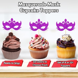 May include: Purple glitter masquerade mask cupcake toppers. Set of 6 or 12 toppers. 10 colors to choose from.