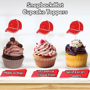 May include: Three red glitter baseball cap cupcake toppers. The toppers are on top of cupcakes with different frosting and sprinkles. The text "Ready to Ship!" is on the left, "10 Colors to Choose From" is in the middle, and "Set of 6 or 12+ Toppers" is on the right.
