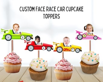 Car Cupcake Topper Custom Photo Race cupcake topper, face racing car party speedway photo pink, red formula one cars, personalized 12 count