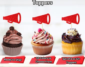 Megaphone Cupcake Toppers, Cheer Team Party Decor, Cheerleader Birthday Party, Cheerleading Food Picks, Cheer Cupcake Toppers