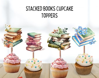 Floral Stacked Books Cupcake Toppers, pack of 12, reading toppers, floral book toppers, reading party, book decor, watercolor