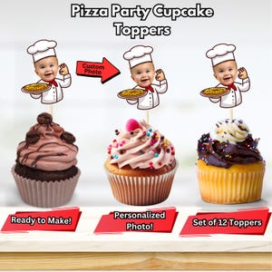 Pizza Party Cupcake Toppers, Custom Photo, Photo Face Cupcake Topper, Pizza Chef Hat Cupcake Toppers, Pizza Theme Party, 12 Count