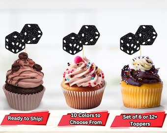 May include: Black glitter dice cupcake toppers. Set of 6 or 12. 10 colours to choose from. Ready to ship.